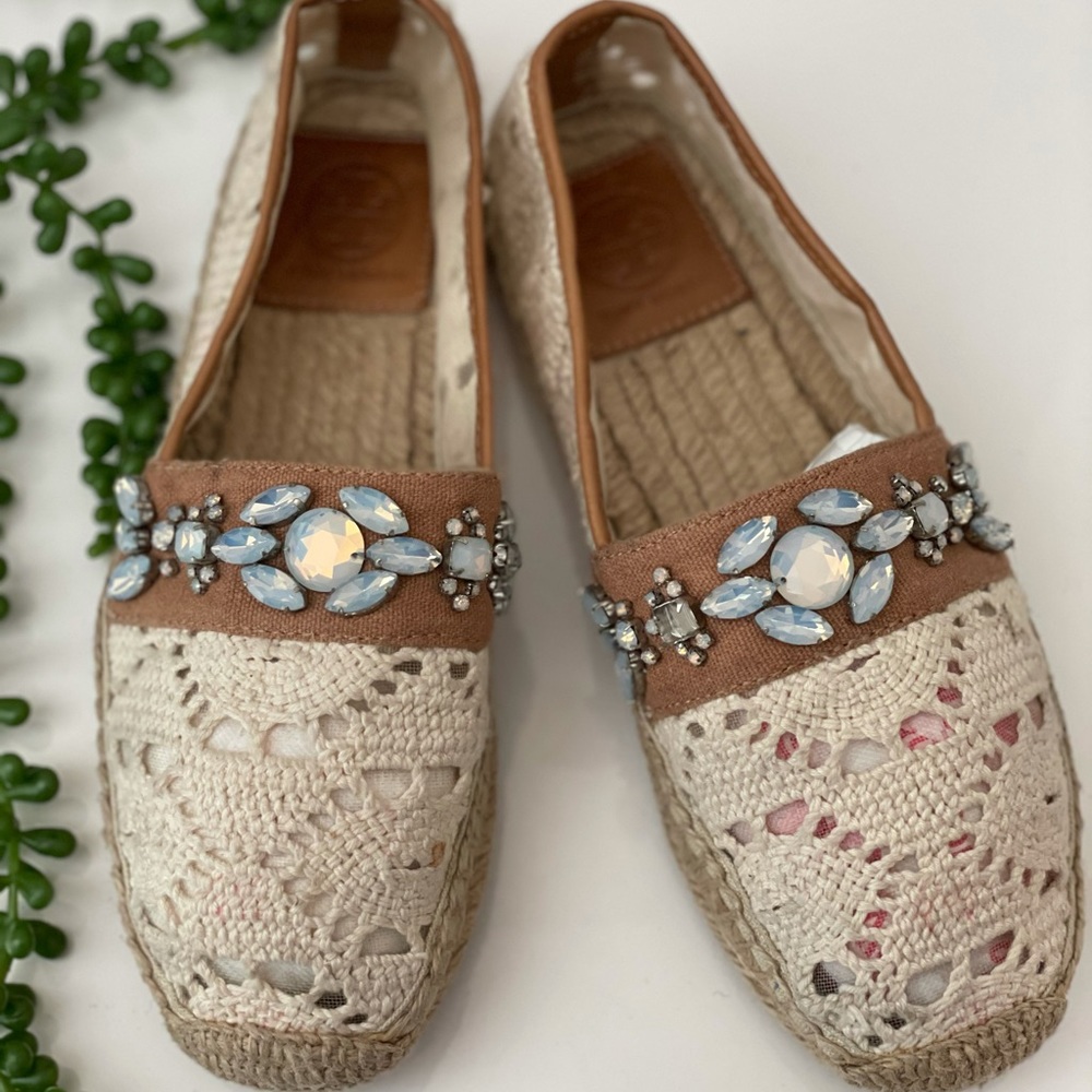 Tory Burch Cream and Tan Espadrilles with Blue Embellishments